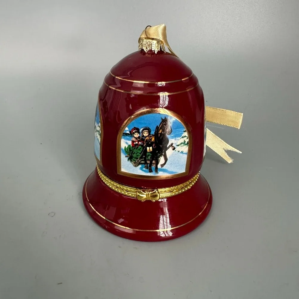 Vintage Porcelain Musical Bell Ornament Hinged Trinket Box Burgundy Gold‎ Sleigh